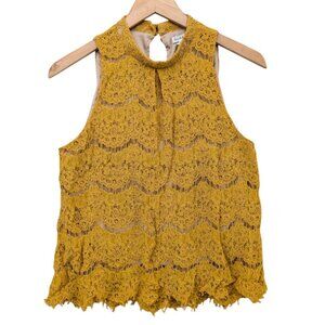Love Fire Lace Mockneck Top Womens Mustard Yellow Gold Scalloped Sleeveless Sz M